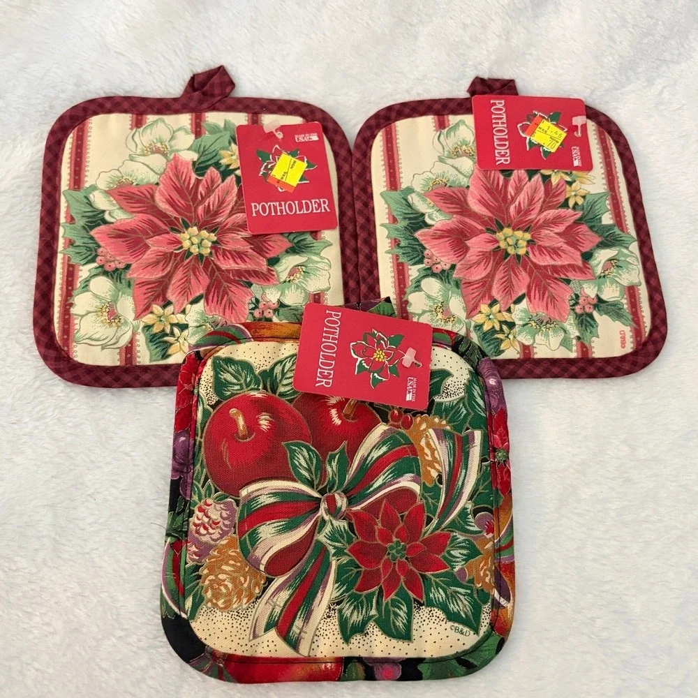 Barth‎ & Dreyfuss Potholders Set 3 Christmas Poinsettia Apple Vintage Red Green
